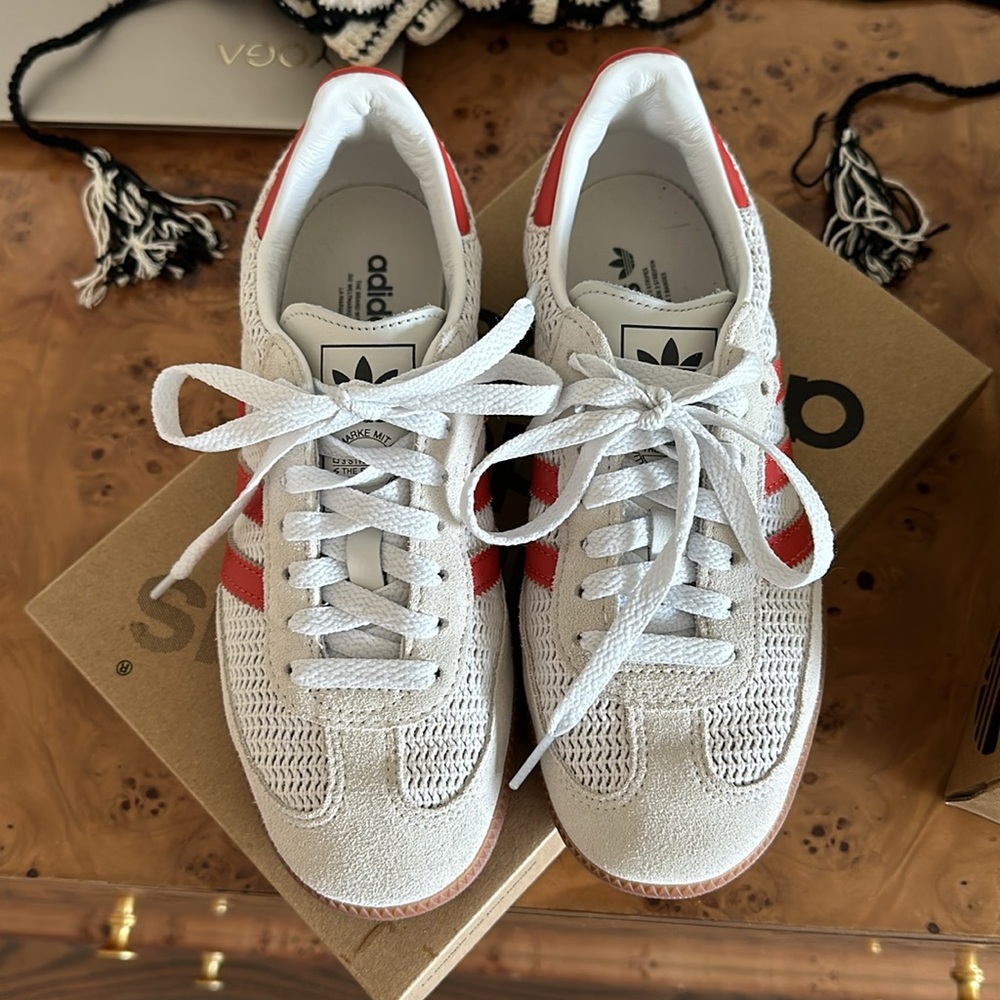 2024 ADIDAS SAMBA - beige suede with salmon reddish stripes.